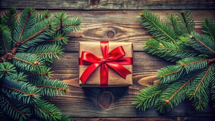 Poster - A rustic brown gift box with a bright red ribbon is placed between two green fir branches on a weathered wooden surface.