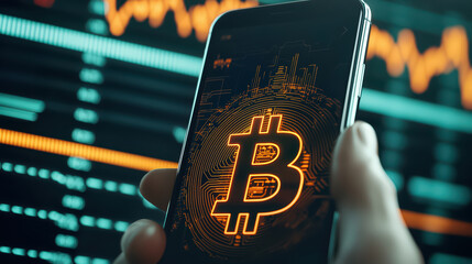 Poster - Bitcoin symbol displayed on smartphone with fluctuating graphs, showcasing cryptocurrency trends and market analysis