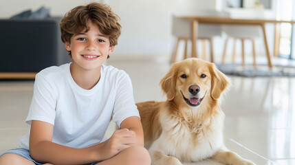 Wall Mural - Caucasian boy sitting on floor with dog 