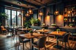 © Caitlin - Cozy Dark Modern Cafe Interior, Minimalist Restaurant Design, Empty Space, Stylish Coffee Shop
