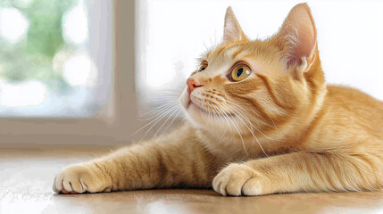 Wall Mural - Close up of ginger pet cat sitting on wooden floor 