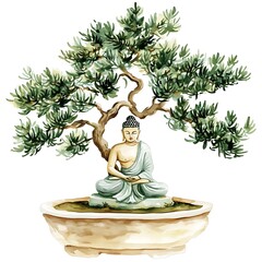 Wall Mural - Serene Watercolor Painting of Buddha Meditating Under a Bonsai Tree.