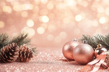 Wall Mural - A rose gold glitter background with Christmas decorations like pine cones, ribbons, and ornaments. The top left corner is filled with fir branches
