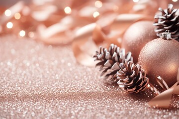 Wall Mural - A rose gold glitter background with Christmas decorations like pine cones, ribbons, and ornaments. The top left corner is filled with fir branches