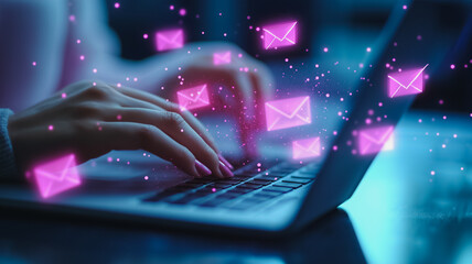 Poster - a woman is typing on a laptop with a pink background and pink letters. concept of urgency and import