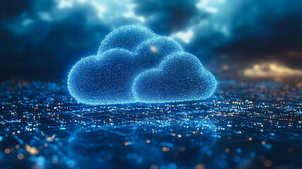 Poster - A blue cloud with a glowing heart in the middle. The cloud is surrounded by a blue water