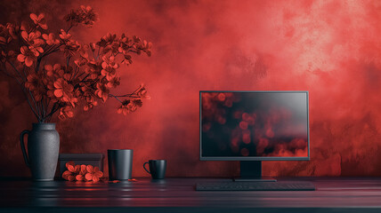 Poster - A computer monitor sits on a desk in front of a red wall. A vase of red flowers sits on the desk next to the monitor. The scene is simple and minimalistic, with the focus on the computer monitor