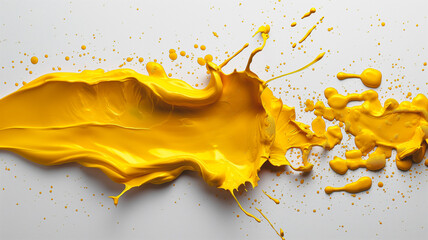 Poster - A splash of yellow paint on a white background. The yellow paint is splattered and has a messy, chaotic appearance. Scene is energetic and playful, as if the paint is being thrown around in a fun