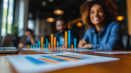 Poster - a woman is smiling at a table with a bunch of graphs and charts. the woman is sitting in front of a 