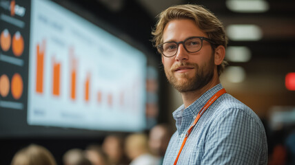 Poster - a man with glasses is standing in front of a large screen with a lot of graphs on it