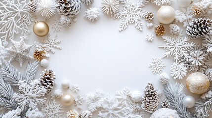 Wall Mural - White background with white, gold, and silver Christmas decorations, with white space in the center of the frame. White snowflakes, pine cones, balls, 