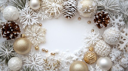 Wall Mural - White background with white, gold, and silver Christmas decorations, with white space in the center of the frame. White snowflakes, pine cones, balls, 
