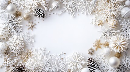Wall Mural - White background with white, gold, and silver Christmas decorations, with white space in the center of the frame. White snowflakes, pine cones, balls, 