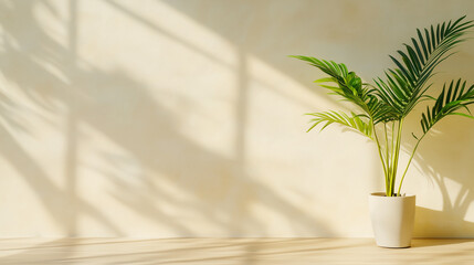 Sticker - Empty room interior background, beige wall, pot with plant, wooden flooring 