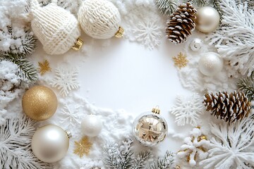 Wall Mural - White background with white, gold, and silver Christmas decorations, with white space in the center of the frame. White snowflakes, pine cones, balls, 