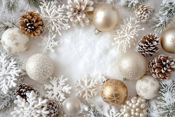 Wall Mural - White background with white, gold, and silver Christmas decorations, with white space in the center of the frame. White snowflakes, pine cones, balls, 