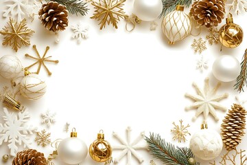 Wall Mural - White background with white, gold, and silver Christmas decorations, with white space in the center of the frame. White snowflakes, pine cones, balls, 