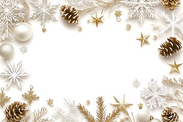 Wall Mural - White background with white, gold, and silver Christmas decorations, with white space in the center of the frame. White snowflakes, pine cones, balls, 