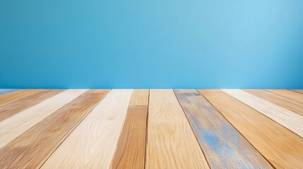 Poster - Empty room with light wood flooring and deep blue walls. Perfect for showcasing interior design, home staging, or minimalist decor