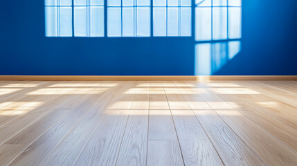 Poster - Empty room with light wood flooring and deep blue walls. Perfect for showcasing interior design, home staging, or minimalist decor