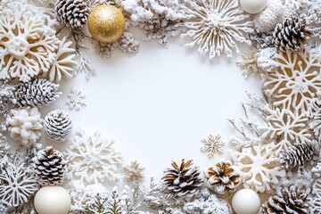 Wall Mural - White background with white, gold, and silver Christmas decorations, with white space in the center of the frame. White snowflakes, pine cones, balls, 