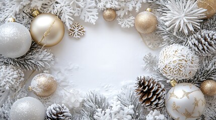 Wall Mural - White background with white, gold, and silver Christmas decorations, with white space in the center of the frame. White snowflakes, pine cones, balls, 