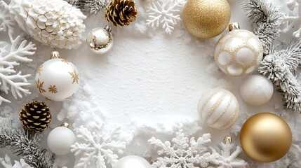 Wall Mural - White background with white, gold, and silver Christmas decorations, with white space in the center of the frame. White snowflakes, pine cones, balls, 