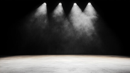 Poster - Empty space of Studio dark room with spot lighting and fog or mist on concrete floor in black background 