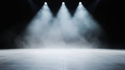 Poster - Empty space of Studio dark room with spot lighting and fog or mist on concrete floor in black background 
