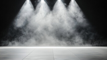 Poster - Empty space of Studio dark room with spot lighting and fog or mist on concrete floor in black background 
