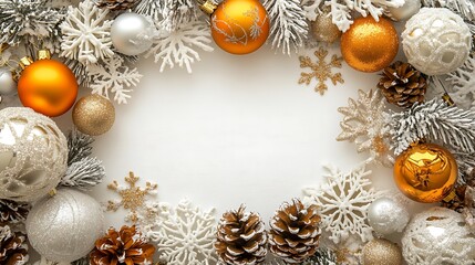 Wall Mural - White background with white, gold, and silver Christmas decorations, with white space in the center of the frame. White snowflakes, pine cones, balls, 