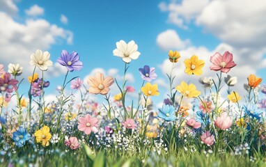 Wall Mural - A vibrant field of colorful flowers under a blue sky with fluffy clouds.