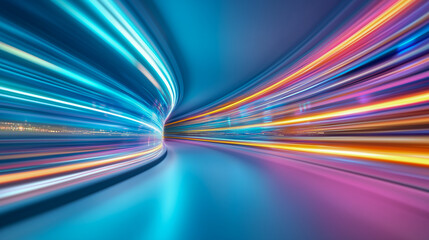 Poster - glowing lines, tunnel, neon lights, virtual reality, abstract background, square portal, arch, pink blue spectrum vibrant colors, laser 