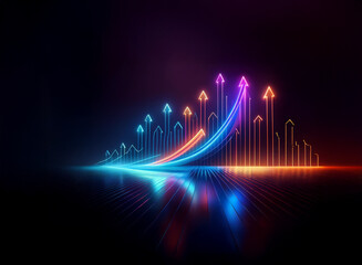 Aufkleber - Neon arrows ascend in a dynamic upward trend, reflecting on a dark, sleek surface.  The vibrant colors symbolize growth and progress.