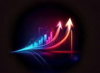 Poster - Dynamic neon arrows ascend, tracing a path of growth above a glowing cityscape.  The vibrant streaks symbolize progress and upward trajectory.
