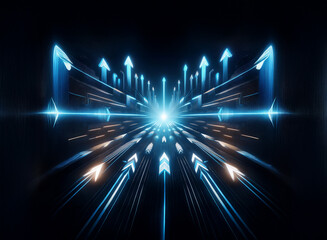 Aufkleber - Glowing blue arrows converge at a central point, radiating outwards in a symmetrical, futuristic tunnel.  The dark background enhances the vibrant light trails, suggesting speed and progress.