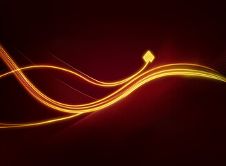 Leinwandbilder - Abstract image featuring glowing, dynamic, wavy lines in shades of orange and yellow against a dark red background. The lines converge at a small, diamond-shaped form.