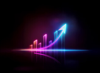 Poster - Neon glowing bar graph with upward arrow, reflecting on dark surface.  Represents growth, success, and progress.