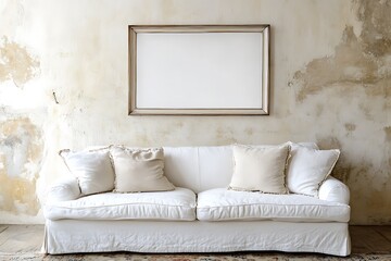 Poster - A minimalist white sofa with cushions sits against a textured, peeling wall, complemented by an empty picture frame above.