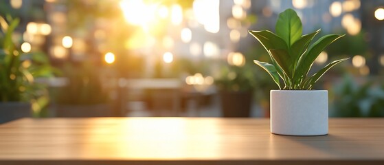 Wall Mural - A potted plant on a wooden table with a warm, sunlit background.