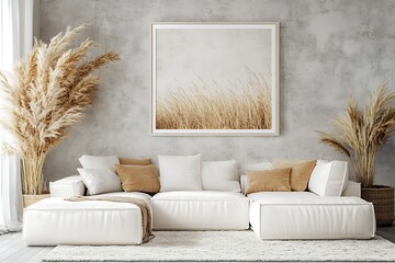 Poster - A modern living room featuring a white sectional sofa, neutral decor, and decorative pampas grass, creating a serene and stylish atmosphere.