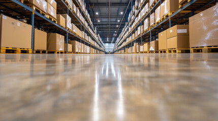 Poster - Long warehouse with a reflective polished concrete floor 