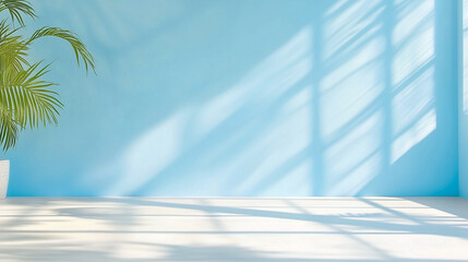 Poster - Minimal abstract light blue background for product presentation. Shadow and light from windows on plaster wall 