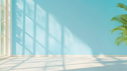 Poster - Minimal abstract light blue background for product presentation. Shadow and light from windows on plaster wall 