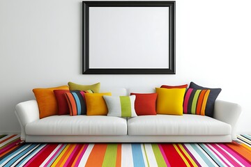 Fototapete - A modern living room features a white sofa adorned with colorful cushions, set against a striped rug and a blank framed picture on the wall.
