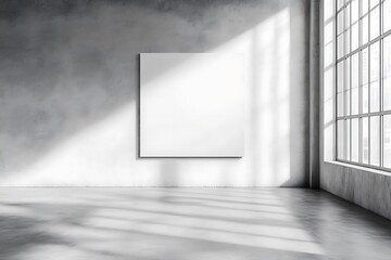 Poster - A minimalist interior space features a blank canvas on a gray wall, illuminated by natural light streaming through large windows.