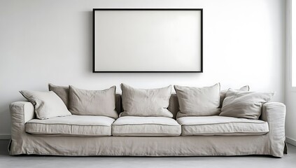 Poster - A cozy, neutral-toned sofa with plump cushions, set against a minimalist white wall featuring a large empty frame.