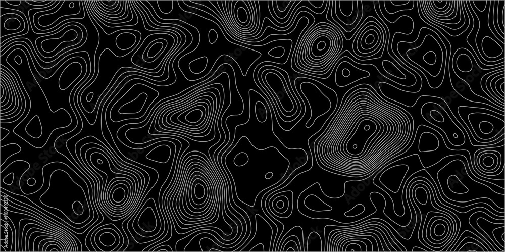 Abstract white on black background with Topographic line map pattern ...