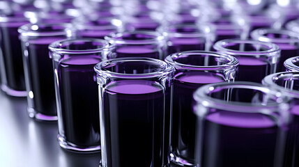 Poster - A close-up view of numerous glass containers filled with vibrant purple liquid, creating a visually striking and symmetrical arrangement