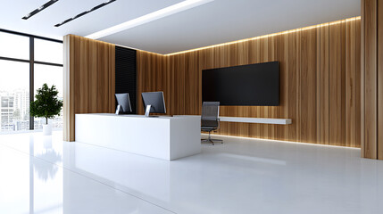 Poster - A sleek modern office space featuring a white desk, comfortable chairs, wooden paneling, and large windows providing ample natural light